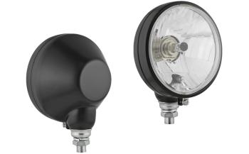 Phare avant type H4/R2 dans un boîtier métallique - debout (feux: de croisement, de route, de position)